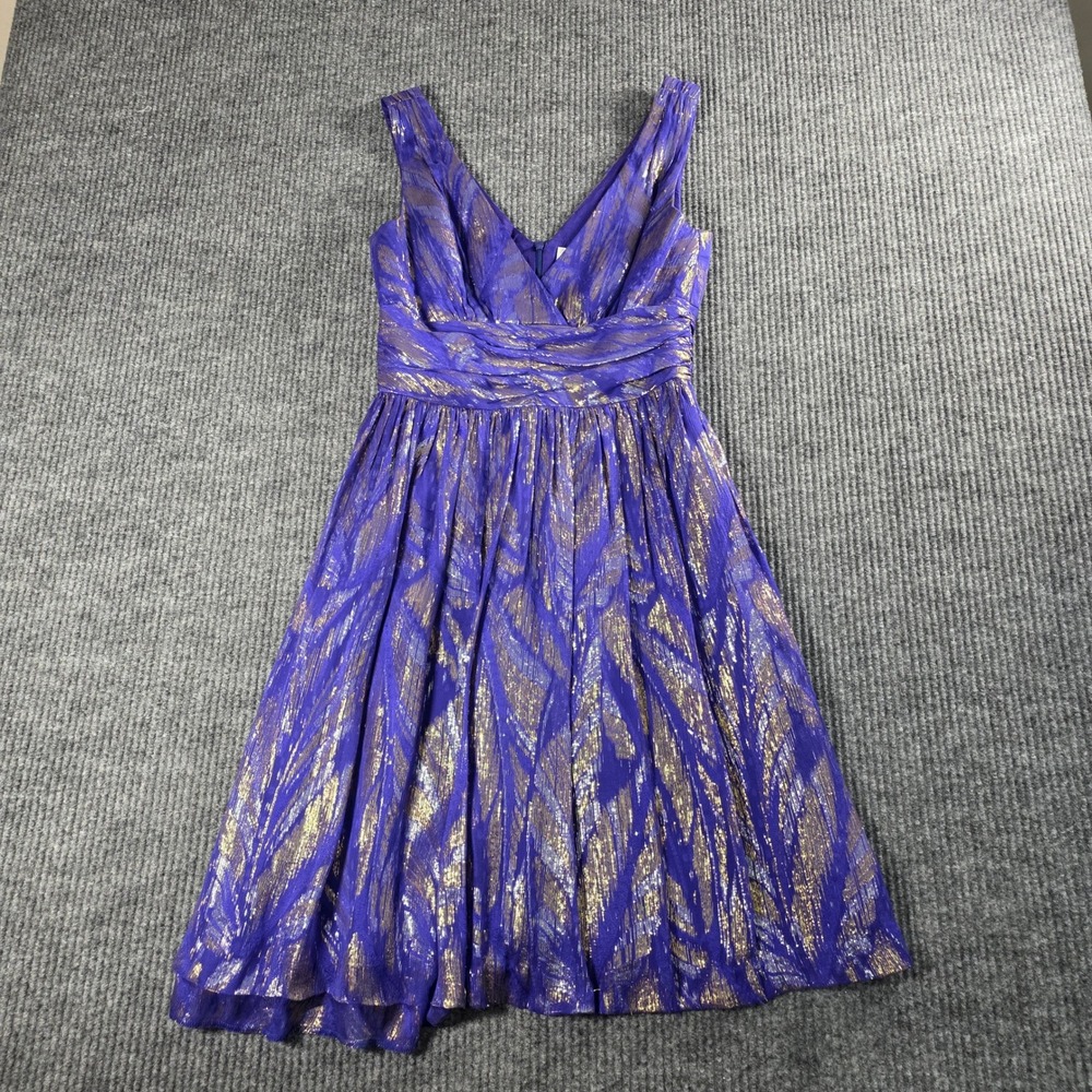Trina Turk Purple Gold Metallic Silk Blend V-Neck Cocktail Dress Size 4
